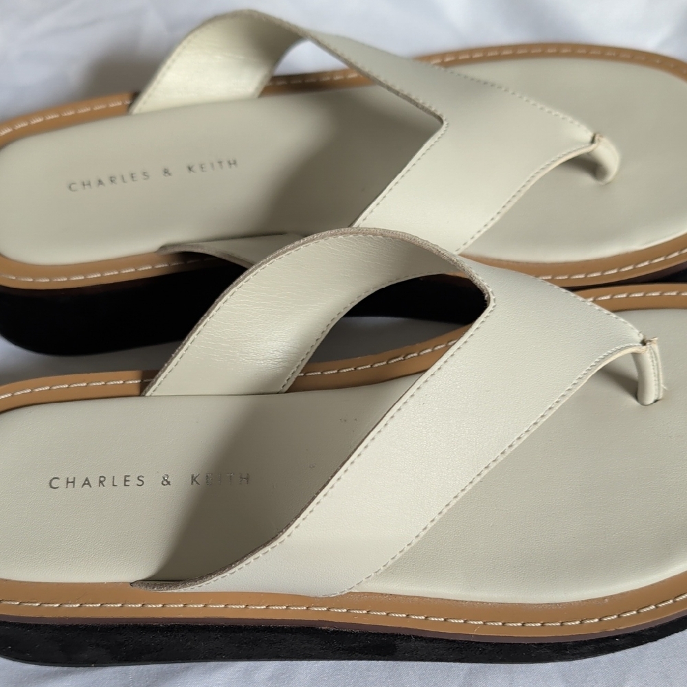 Charles & Keith Cream Leather Thong Sandals with Low Platform